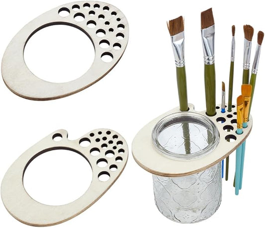 PLIGREAT 2 Pcs Paint Brush Holder, 19 Slots Wooden Display Drying Stand 3.5" Glass Jar Watercolor Brush Organizer Art Supply Stand Rack for Arts Drawing Painters