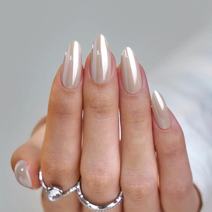 BTArtbox Press On Nails Almond - Medium Soft Gel Chrome Nails, Glue On Nails with Nail Glue, Reusable Stick On Nails in 15 Sizes - 30 Soft Gel Fake Nails Kit, Nuts Glazed