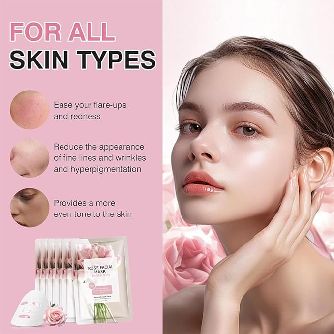 Face Masks Skincare for All Skin Types, Pink Rose Hydrating Face Sheet Masks Suitable for Sensitive Skin, Moisturizing Facial Mask for Women Skin Care, Face Mask Gifts for Face Spa 10 Sheets