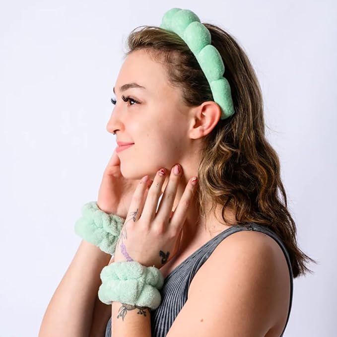 BluOcnMkt 6PCS Spa Headbands for Women Green Skincare Makeup Sponge Headband Set, Large Flower Hair Clip, Elastic Hair