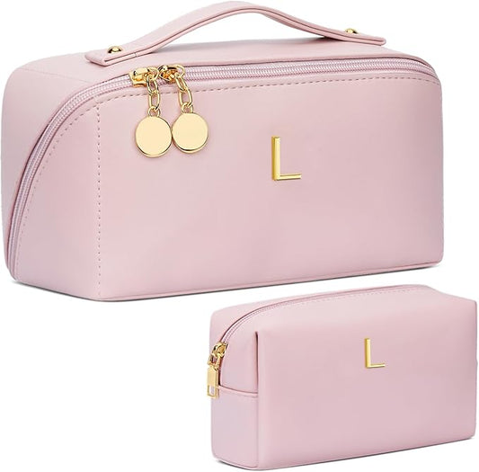 Birthday Gifts for Women Teen Girl, Personalized Initial Makeup Organizer Bag Set, Open Flat Travel Cosmetic Bag With Clear Divider and Handle(Pink,L)