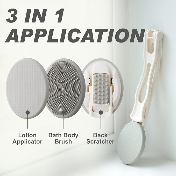 DOWMI Lotion Applicator for Back - 3in1 Foldable, Cream, Sunscreen, Ointment Applicator, 19" Long Handle, Body Massage Tool - 1 Body Brush Pad, 1 Lotion Pad Included