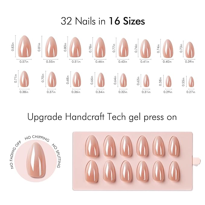 VSALON Press on Nails Short Almond - Chrome Ombre Nails Kit for Women, Reusable Opaque Soft Gel Fake Nails with Glue & Cuticle Oil - 32 PCS Glue On Nails in 16 Sizes (Romantic Floral)