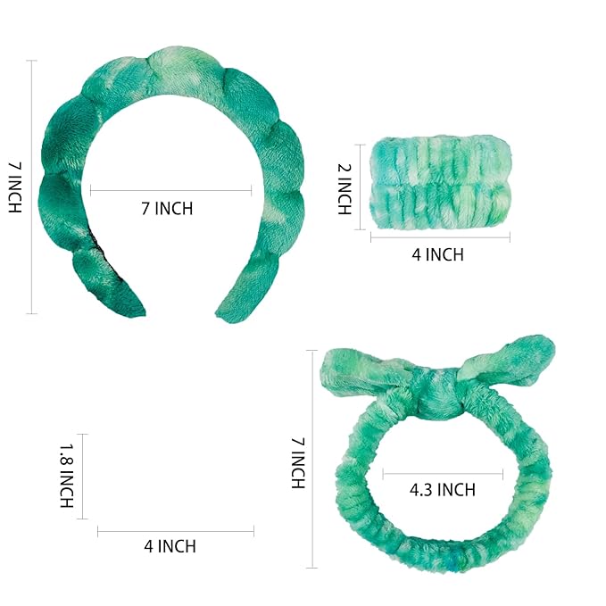 Yaqulen 7 Pcs Spa Set, Facial Headband and Wristband Set, Skincare Accessories, College Style Girl Idea Gifts, Hair Accessories for Women and Girls (Tie Dye Green