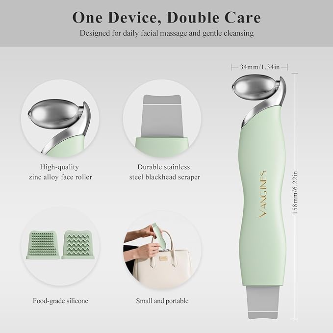 Vangines Blackhead Scraper Tool & Skin Scrubber Face Spatula for Blackhead Removal, Pore Cleaning, with Cooling Ice Roller & 2 Silicone Brush Heads (Sage Mist)