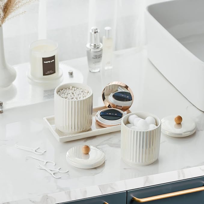 Redelaenor Ceramic Bathroom Canister Set with Coordinating Small Vanity Tray Qtip Holder Dispenser for Cotton Ball,Swab,Pads, Floss, Bathroom Storage Jars with Lids Pearl White