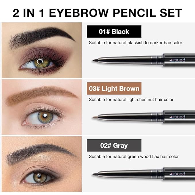 5 Pcs Dual-Sided Auto-rotate Ultra-Fine Tip Eye Brow Pencils Pack,Draws Tiny Precise Brow Makeup, Defines, Fills Brows, Shapes, Contours, Combs, ‌1mm Pen Point (Black+3*Dark Brown+Gray)