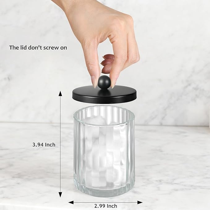 Amolliar Qtip Holder Dispenser for Cotton Swabs, Cotton Balls, Pads, Floss Picks, Clear Glass Canister Apothecary Jar, Bathroom Essential Accessories Decor, Bathroom Storage Organizer (Black, 2 Pack)