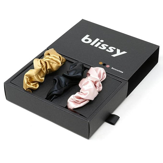 Blissy Silk Scrunchies (3 Pack) - 100% Pure Mulberry Silk - 22 Momme 6A High-Grade Fibers Scrunchie for Straight & Curly Hair (Black/Gold/Pink, Skinny)