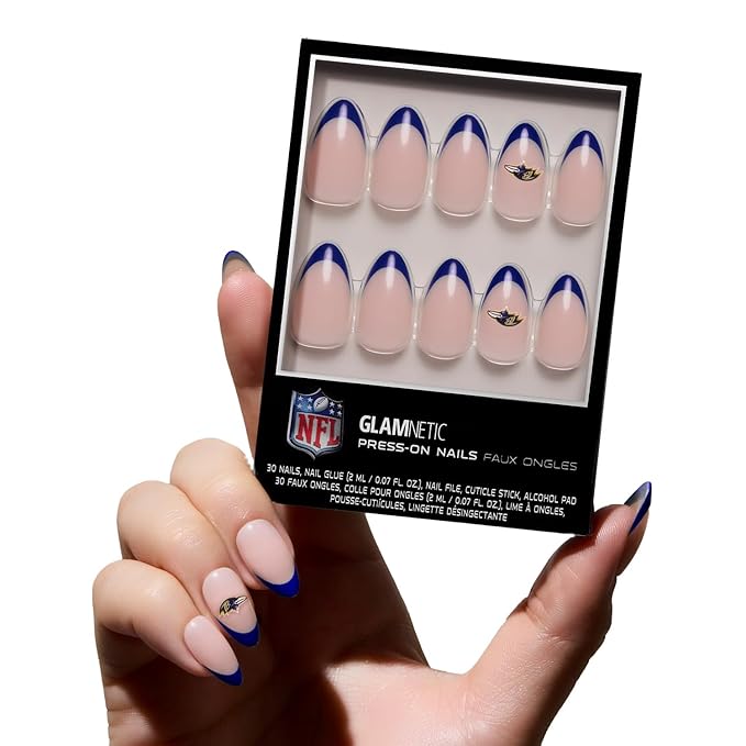 Glamnetic x Fanatics Press On Nails - Baltimore Ravens | Short Almond Fake Nails, NFL Ravens Purple French Tips, Football Nails, Salon-Quality | 15 Sizes - 30 Nail Kit with Glue