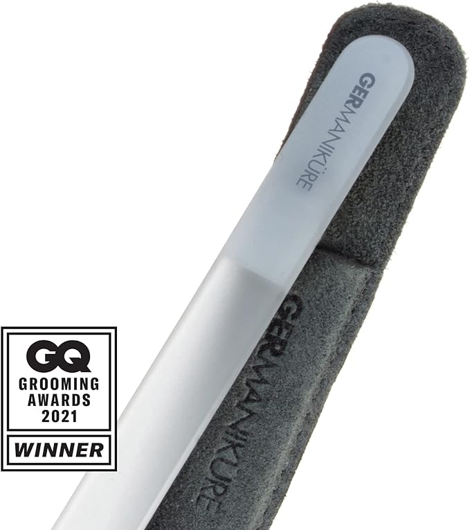 GERMANIKURE 5 Pc Gray Glass Nail File Set with Suede Sleeves – Handmade in Czech Republic – Glass Cuticle Stick, Pusher, Callous Remover, Pedicure Bar – Professional Manicure & Pedicure Files