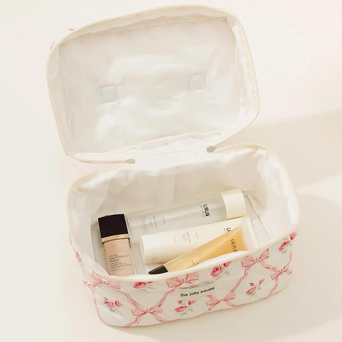 Cute Makeup Bag Aesthetic Floral Quilted Cotton Cosmetic Bag Travel Organizer Toiletry Pouch 3 Pack Set (01Blue Bow)