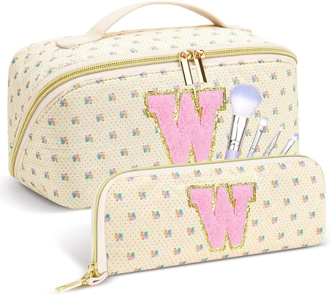 Personalized Travel Makeup Bag Set, Initial Travel Cute Floral Makeup Organizer Bag, Beige Toiletry Skincare Cosmetic Bag, Valentine’s Day Gifts for Women/Girls, Open Flat Toiletry Pouch Brush Bag