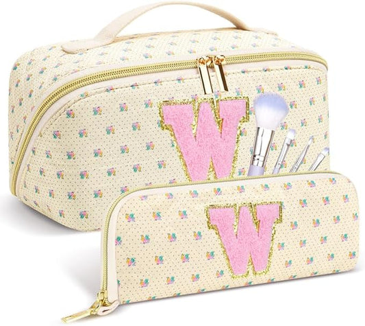 Personalized Travel Makeup Bag Set, Initial Travel Cute Floral Makeup Organizer Bag, Beige Toiletry Skincare Cosmetic Bag, Valentine’s Day Gifts for Women/Girls, Open Flat Toiletry Pouch Brush Bag