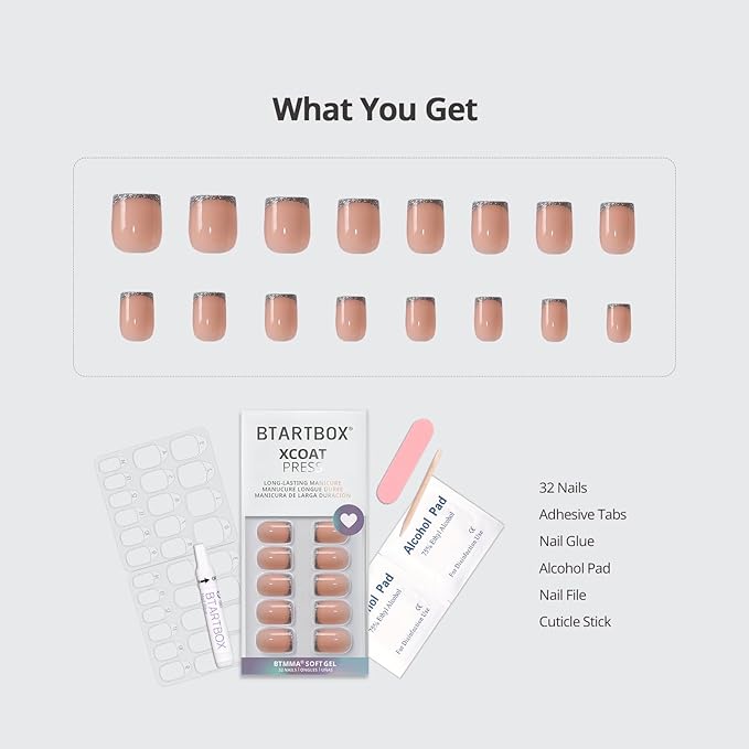 BTArtbox Press On Nails Short - Ice Thread, Silver Spakly French Tip Square Press On Nails with Glue and Adhesive Tabs for Women, Soft Gel Glue On Nails in 16 Sizes - 32 Stick On Nails Kit