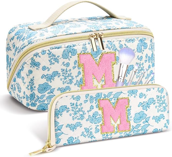 Personalized Travel Makeup Bag Set,Initial Travel Cute Floral Makeup Organizer Bag,Toiletry Skincare Cosmetic Bag, Valentine’s Day Gifts for Women/Girls,Open Flat Toiletry Pouch with Brush Pocket-S