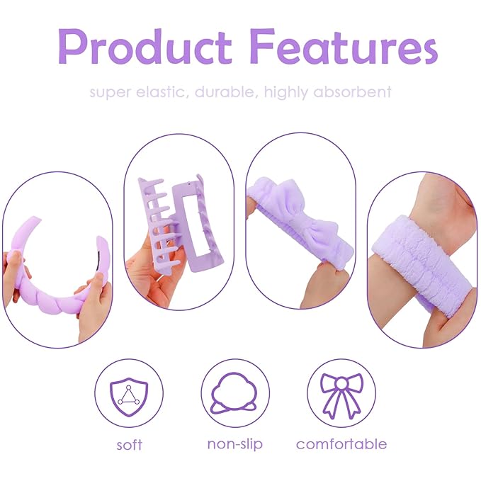 Canitor Spa Headband Wrist Bands Set with Hair Clips Skincare Washing Face Skin Care Puffy Makeup Preppy Teen Girl Gifts Cute Trendy Stuff Fashion Hair Accessories for Women (purple)