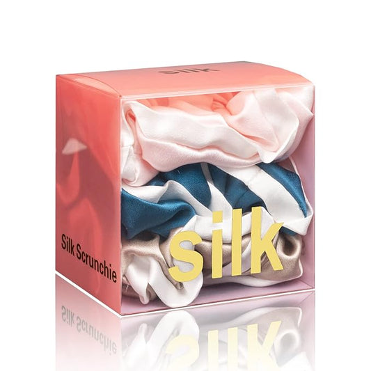 Silmer Silk Scrunchies for Hair Bicolor Hair Tie 100% Mulberry 3 Pack(Pink, Peacock Blue, Apricot)