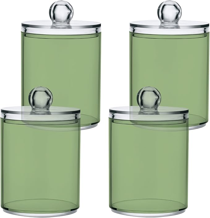Xigua Light Green 2 Pack Qtip Holder Dispenser With Lid, Apothecary Jars Plastic Swabs Cans Clear Bathroom Storage Canister for Cotton Ball, Swab, Round Pads, Floss26