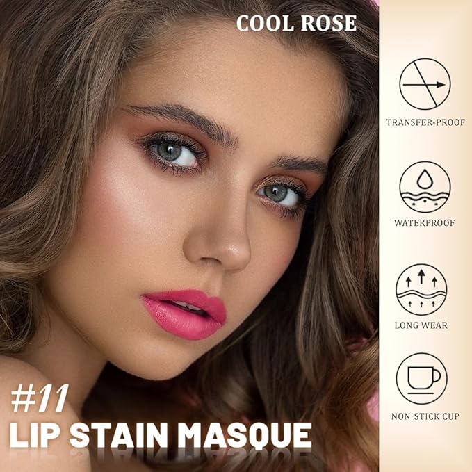 JUAAZIN Peel Off Lip Stain Tattoo with Tweezer - Cool Rose Matte Lip Tint, Long Lasting Waterproof Transfer-Proof Liquid Lip Stain, Cruelty-Free Lip Masque for All Skin Types, Valentine's Day Gift 11#