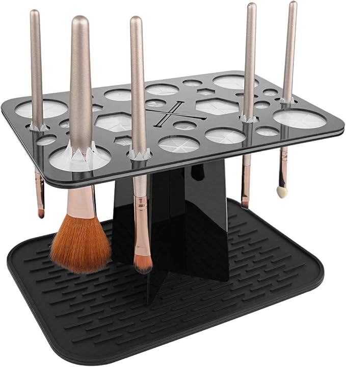 28 Hole Makeup Brush Drying Rack with Mat, Collapsible Makeup Brush Holder with Silicone Mat, Brush Dryer Stand, Make Up Organizer for Vanity Countertop