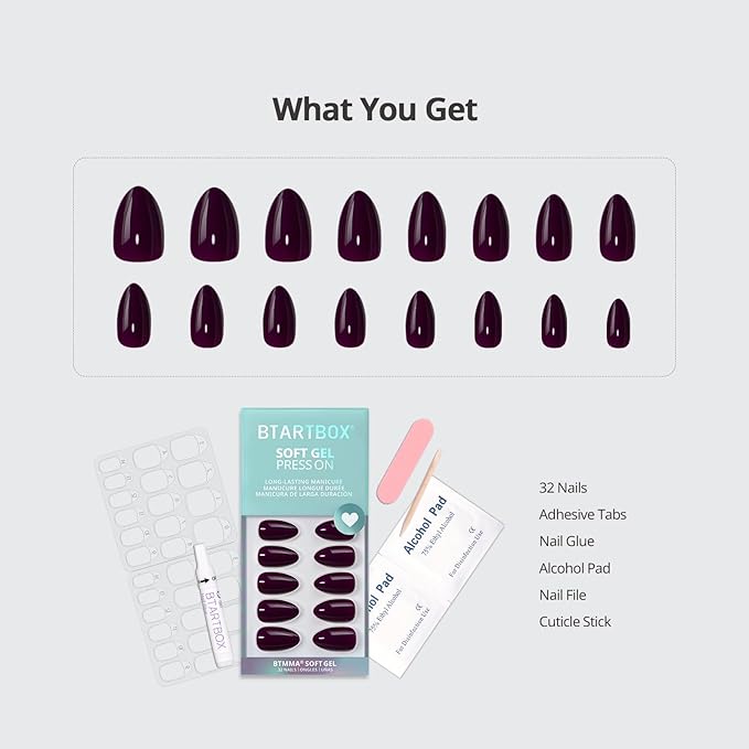 BTArtbox Press On Nails Short - Poison Potion, Dark Purple Almond Press On Nails with Glue for Women, Winter Opaque Soft Gel Glue On Nails in 16 Sizes - 32 Stick On Nails Kit