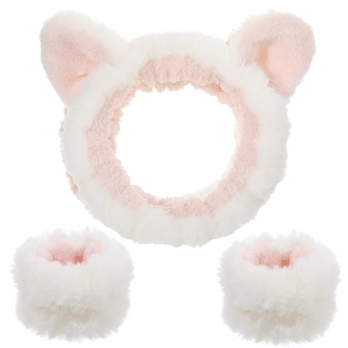 XLIUAX Headbands for Women, Elastic Spa Headband with 2pcs Wristband Set, Cute Plush Cat Ears Puffy Head Band Makeup Hair Band for Washing Face Skincare Yoga Facial Mask(White)