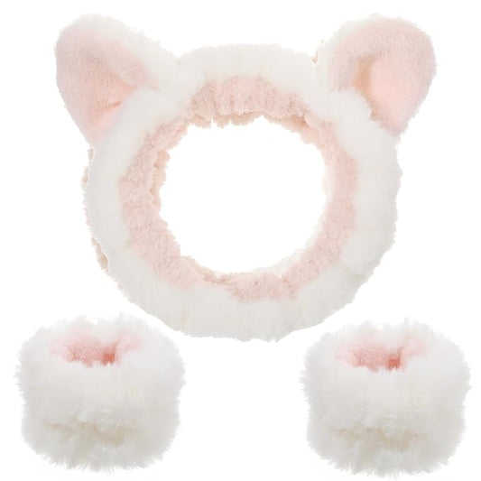 XLIUAX Headbands for Women, Elastic Spa Headband with 2pcs Wristband Set, Cute Plush Cat Ears Puffy Head Band Makeup Hair Band for Washing Face Skincare Yoga Facial Mask(White)
