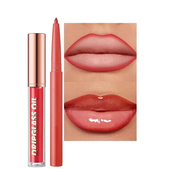Hyesamyo Red Lip Liner Lip Gloss Set, Lip kit with Lip Oil Lip Liner, Plumping Lipgloss lip Pencil Waterproof Long Lasting Smudgeproof (10# red)
