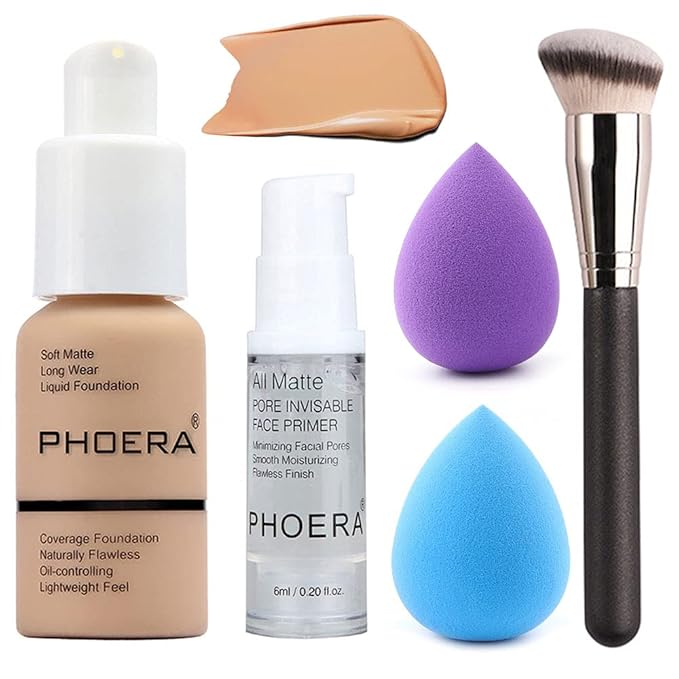 5PCS Liquid PHOERA Foundation Makeup Set Matte Liquid Full Coverage Oil Control Breathable Invisible Cover Concealer Foundation with Face Primer, Foundation Brush, Makeup Sponge (104 Buff Beige)