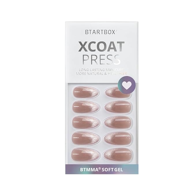 BTArtbox Press On Nails Almond - Medium Cat Eye French Tip Nails with Glue for Daily Nail Art, Fake Nail Extensions In 15 Sizes - 30 Nail Kit, Liquid Radiance