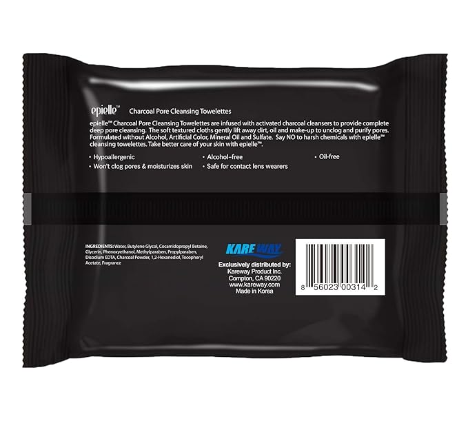 Epielle Charcoal Makeup Remover Wipes, Pore Cleaning Facial Cleanser Towelettes, Purifying & Detoxifying, Remove Dirt, Oil, Waterproof Mascara, Stocking Stuffers, 30 Count (Pack of 6)