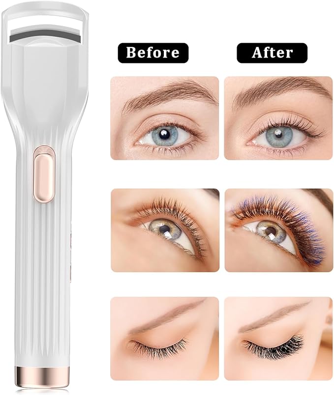 Heated Eyelash Curler Premium PRO - Fast Heat up in 8s - 24 Hours Long Lasting - Rechargeable Electric Eyelash Curler with Type-C, Innovative L Silicone, 2 Heat Modes, Anti-Burn Eyelid, White-DC