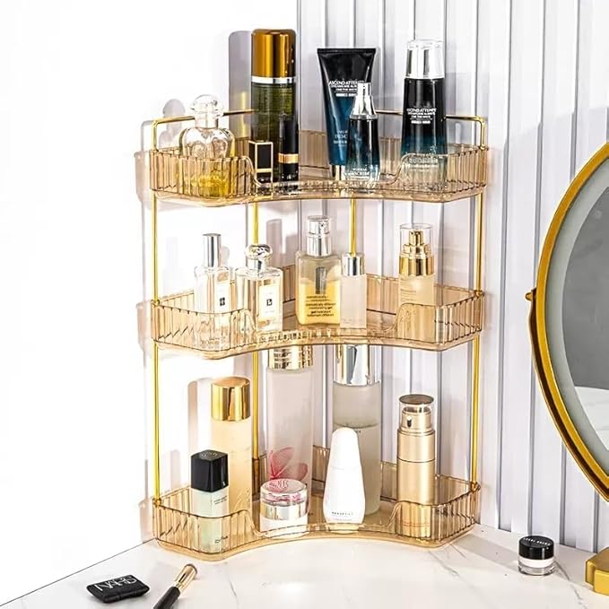 Corner Bathroom Organizer, Vanity Trays, Skincare Makeup Shelf, Counter Organizer for Cosmetics, Toiletries, Lotions, Perfumes (3 Tiers, Amber)