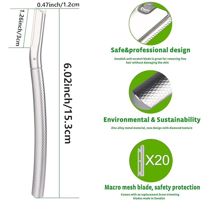ANDIMEI Professional Dermaplaning Tool Set with 20 Replaceable Stainless Steel Blades, Face Exfoliation Razor for Peach Fuzz Removal, Eyebrow Shaping, All Skin Types (Silver-A)
