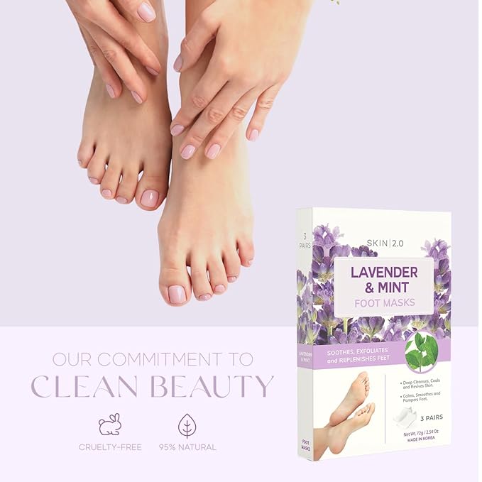 Skin 2.0 Lavender & Mint Foot Masks - Relieves Swollen Feet, Removes Odor, Relaxing & Hydrating - Dermatologist Tested Korean Skincare - Clean Beauty, Cruelty-Free, All Skin Types - 3 Pairs