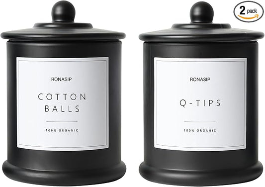 Ronasip Qtip Holder & Cotton Pad Dispenser, Bathroom Organizer and Storage Canisters, 16oz Glass Apothecary Jars for Kitchen, Restroom - Home Decor Accessories, Room Decor Aesthetic (2 Pack, Black)