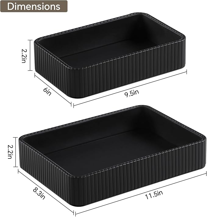 MEIBOOCH 2 Pack Nightstand Organizer Tray, Decorative Perfume Valet Tray Trinket Dish Catch All Purse Key Bowl, PU Leather Coffee Table Trays for Vanity Dresser Bedside Bathroom Countertop (Black)