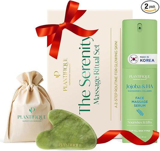 PLANTIFIQUE Massage Ritual Set: Premium Certified Jade Gua Sha + Jojoba Oil & HA Serum Skin Care Set, Birthday Gifts for Women, Teens, Mom, Brides