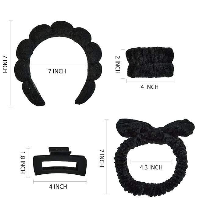 Yaqulen 7 Pcs Spa Set, Facial Headband and Wristband Set, Skincare Accessories, College Style Girl Idea Gifts, Hair Accessories for Women and Girls (Black)