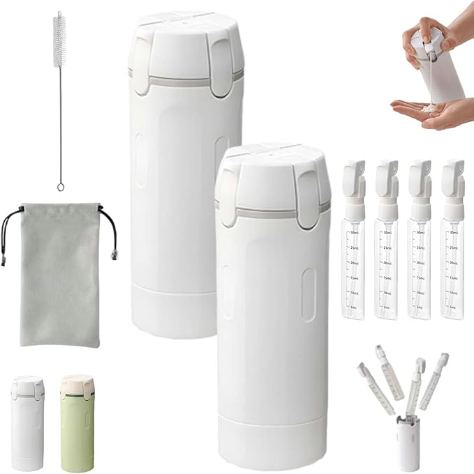 4 in 1 Travel Dispenser Bottle, 4 Pump Travel Bottle Set, 4 in 1 Leak Proof Travel Bottle Dispenser, with Measurement Scale & Label Stickers, for Toiletries (A*2)