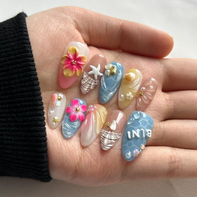 Press On Nails - Luxury Medium Almond 3D False Nails Women Reusable ABS Material Finger Printed Nail Tip French Salon Design Artificial Fingernail (Size S)
