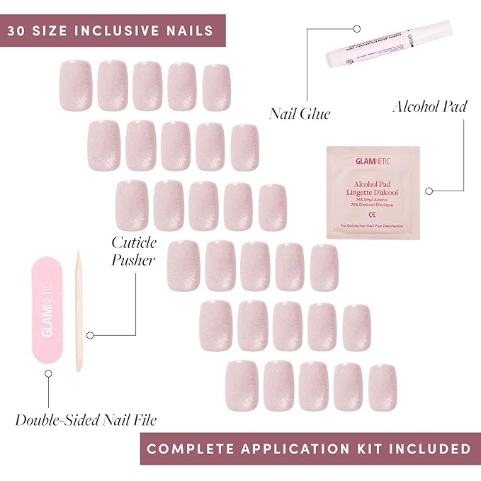 Glamnetic Press On Nails - Pinky Promise | Glossy, Velvet, Short Squoval Nails, Salon Quality | 15 Sizes - 30 Nail Kit with Glue