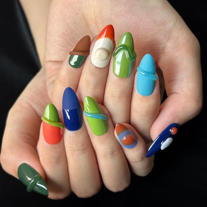MAGLFELL Women Press On Nails - Medium Almond Handmade 10Pcs Unique Fake Nails, Artistic Design, Thick Acrylic and Muti-Layer Gel False Nails (Size M)