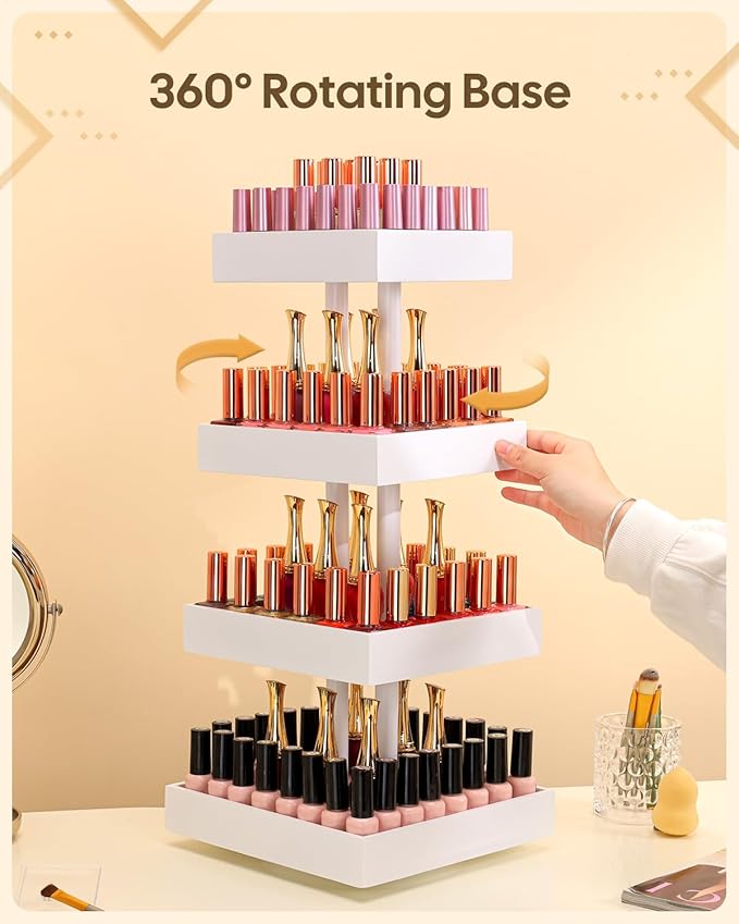 Homde Nail Polish Display Stand and Storage: 360 Degree Rotating Bamboo Rack Organizer, 4 Tier Makeup Holder for Fast Access on Countertop or Vanity for Girls & Women,White