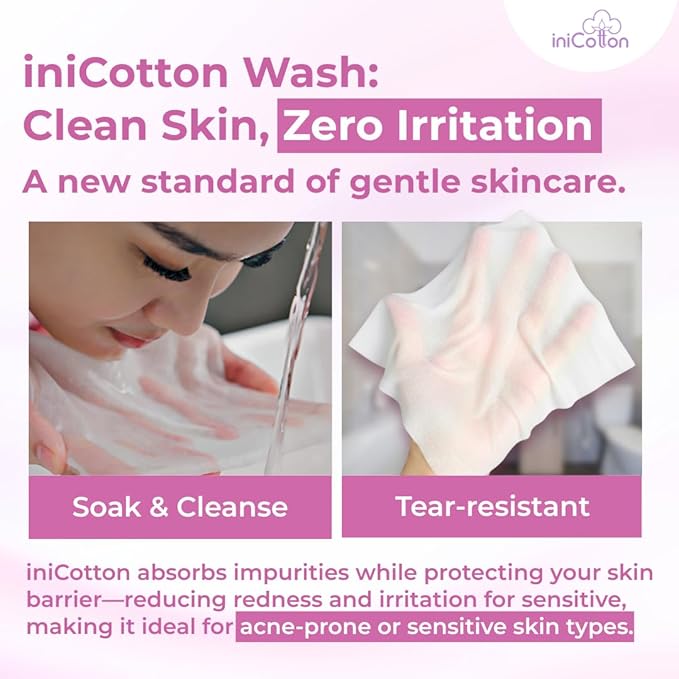 iniCotton Face Towels, Indonesian Unscented Cotton Tissues for Sensitive Skin, Disposable Face Towelette, Ultra Soft, Makeup Remover Dry Wipes, Travel Size, 90 ct per Pack, 6 Packs, 540 Ct Total