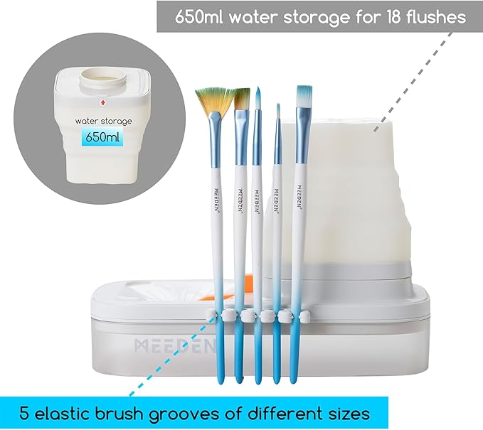 MEEDEN Portable Paint Brush Cleaner: Paint Brush Rinser with Drain for Acrylic, Watercolor & Water-Based Paints - 5-Slot Silicone Brush Washer & Holder, White