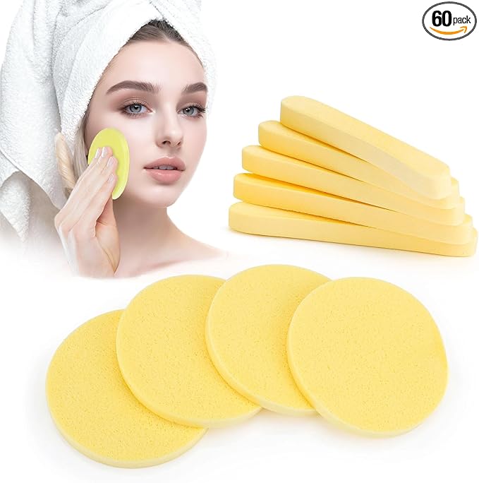 Mgiflw Compressed Facial Sponge,Reusable Makeup Blender 60 Count,Soft Round Wash Sponges for Estheticians Makeup Removal,Face Cleansing Exfoliating Compress Spa Pads for Women,Yellow