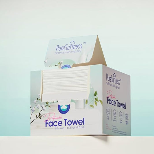 PureSoftness Luxuriously Soft Disposable Face Towel, 100% Cotton, Extra Large 12" x 10" Ultra Soft Dry Wipe for Face Wash, Makeup Remover, Bio-Based Towelette for Sensitive Skin 80 Count (1 Pack)