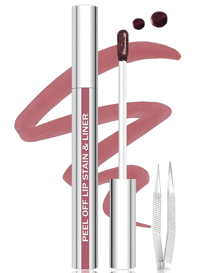 QCMME Lip Stain Peel Off Lip Liner Stain with Tweezer, Long Lasting Matte Lip Tint Tattoo, Highly Pigmented Color Lip Makeup, Waterproof Lipstick, Transfer-proof Lipstain for Women, Rose Pink